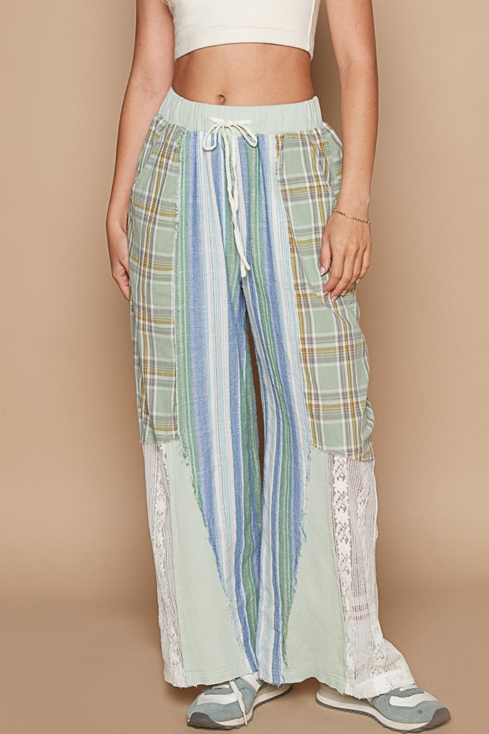 POL Drawstring Plaid Print Lace Pants