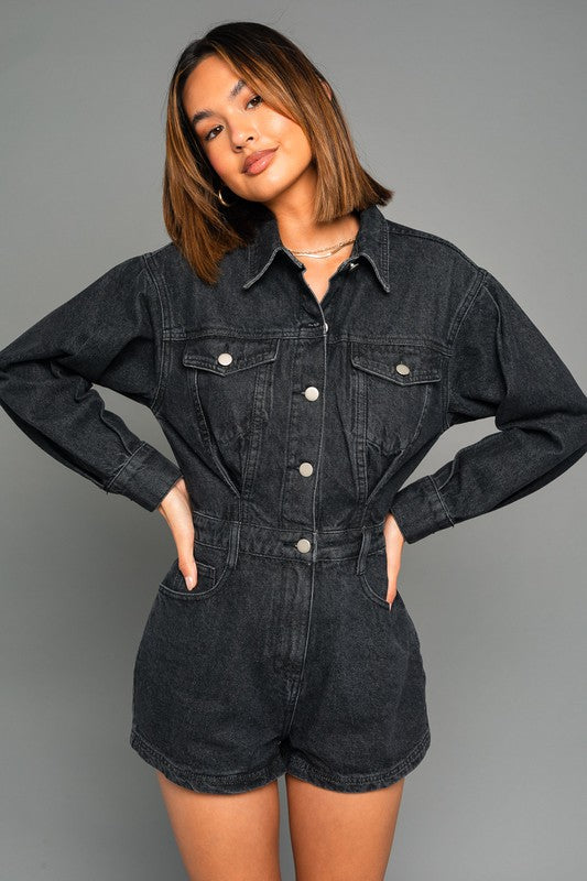 LE LIS Long Sleeve Denim Romper