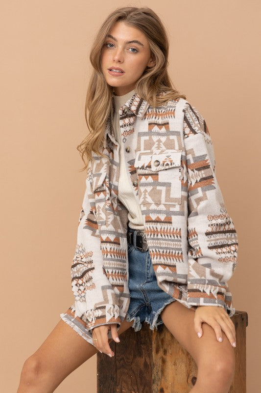 Blue B Frayed Aztec Western Shacket