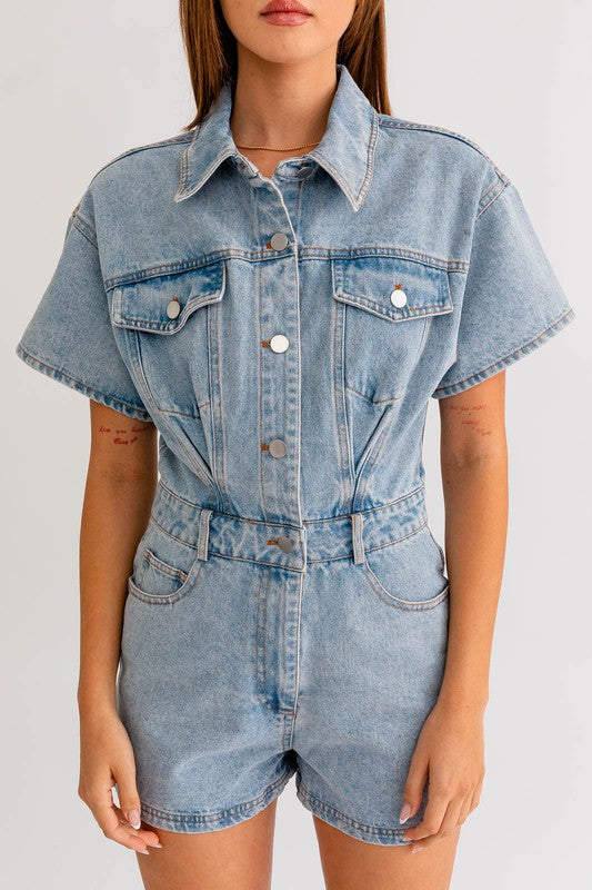 LE LIS Short Sleeve Denim Romper