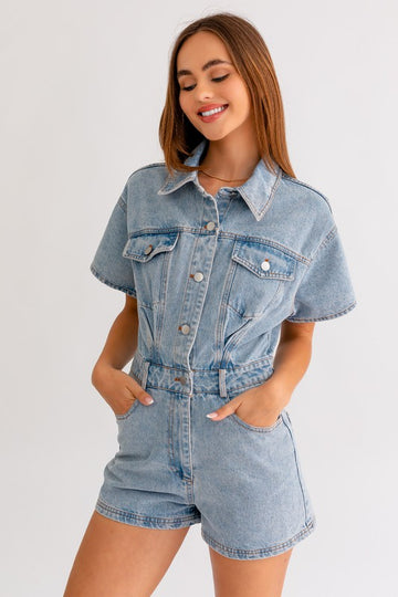 LE LIS Short Sleeve Denim Romper