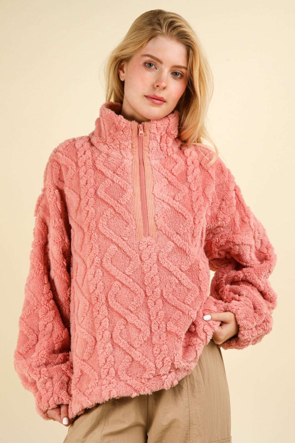 VERY J Fuzzy Fleece Cable Pattern Sweatshirt