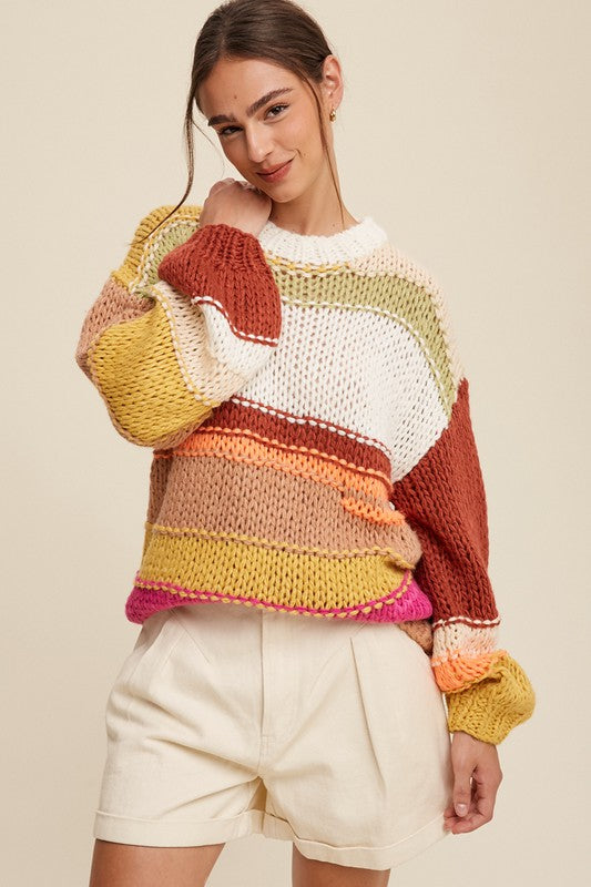 Listicle Mixed Knit Slouchy Hand Crochet Sweater