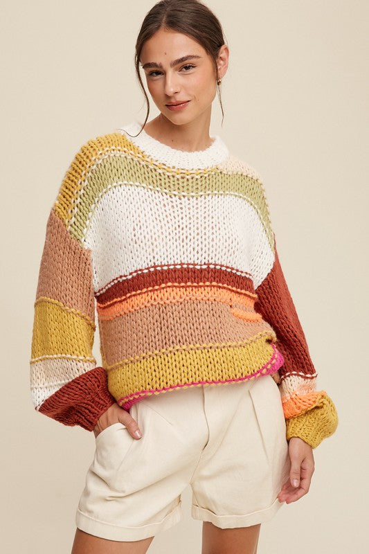 Listicle Mixed Knit Slouchy Hand Crochet Sweater