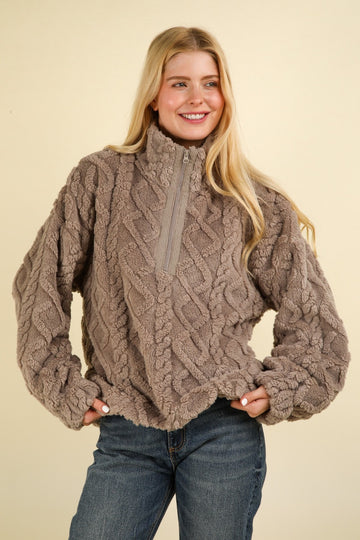 VERY J Fuzzy Fleece Cable Pattern Sweatshirt