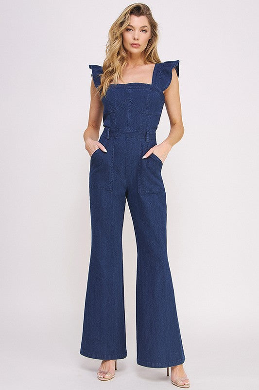 Jade by Jane Denim Ruffle Flare Leg Jumpsuit