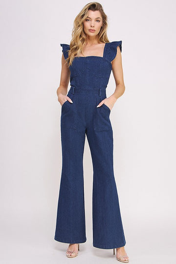 Jade by Jane Denim Ruffle Flare Leg Jumpsuit