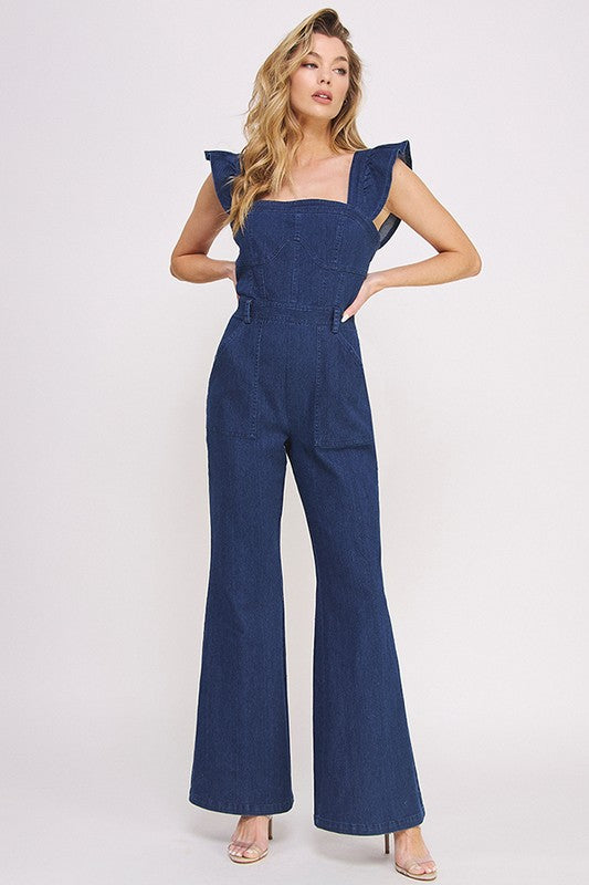 Jade by Jane Denim Ruffle Flare Leg Jumpsuit