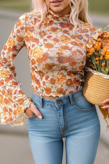 Floral Bell Sleeve Mock Neck Scallop Trim Blouse