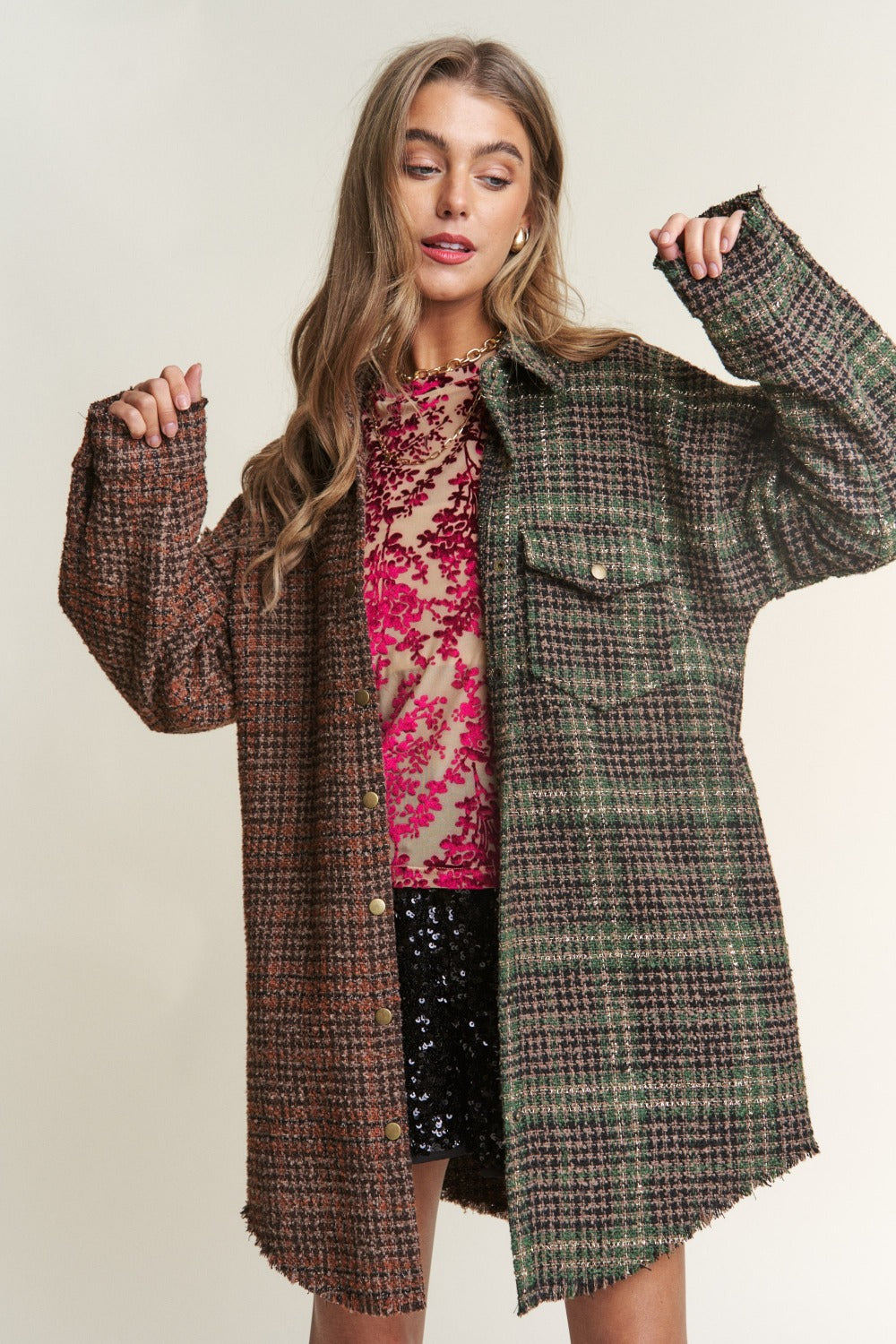 J.NNA Tweed Plaid Longline Shacket