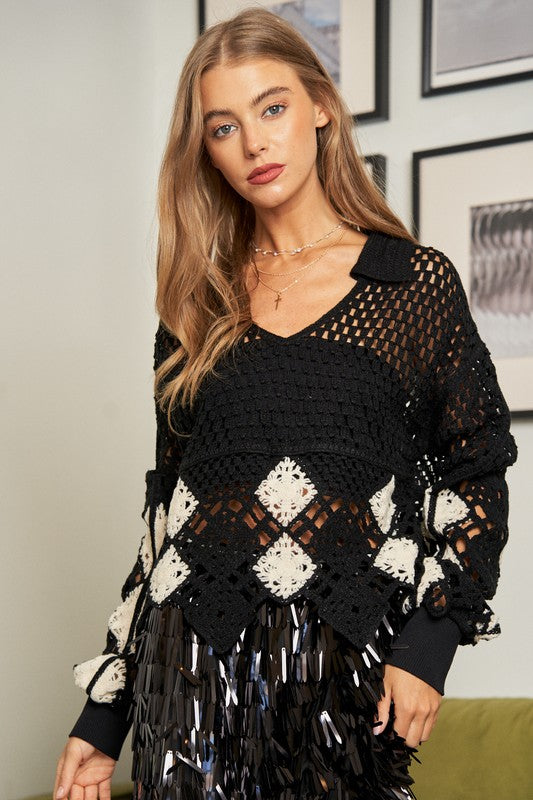 Davi & Dani Crochet Long Sleeve Knit Sweater