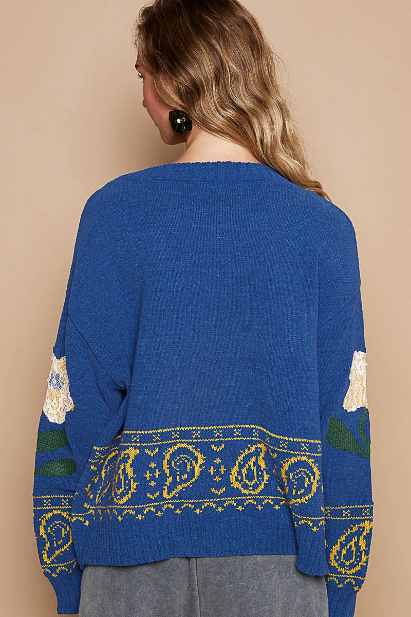 POL Flower Lace Patch Sweater