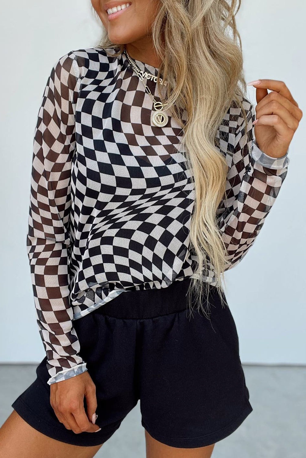 Checkered Pattern Mesh Mock Neck Long Sleeve Top