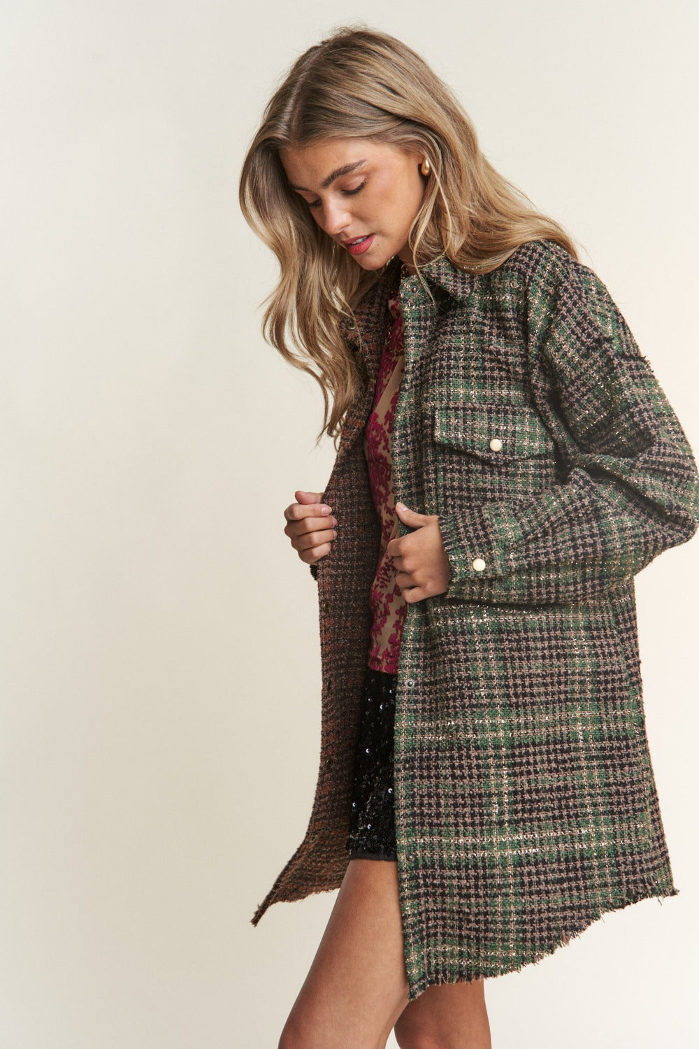 J.NNA Tweed Plaid Longline Shacket