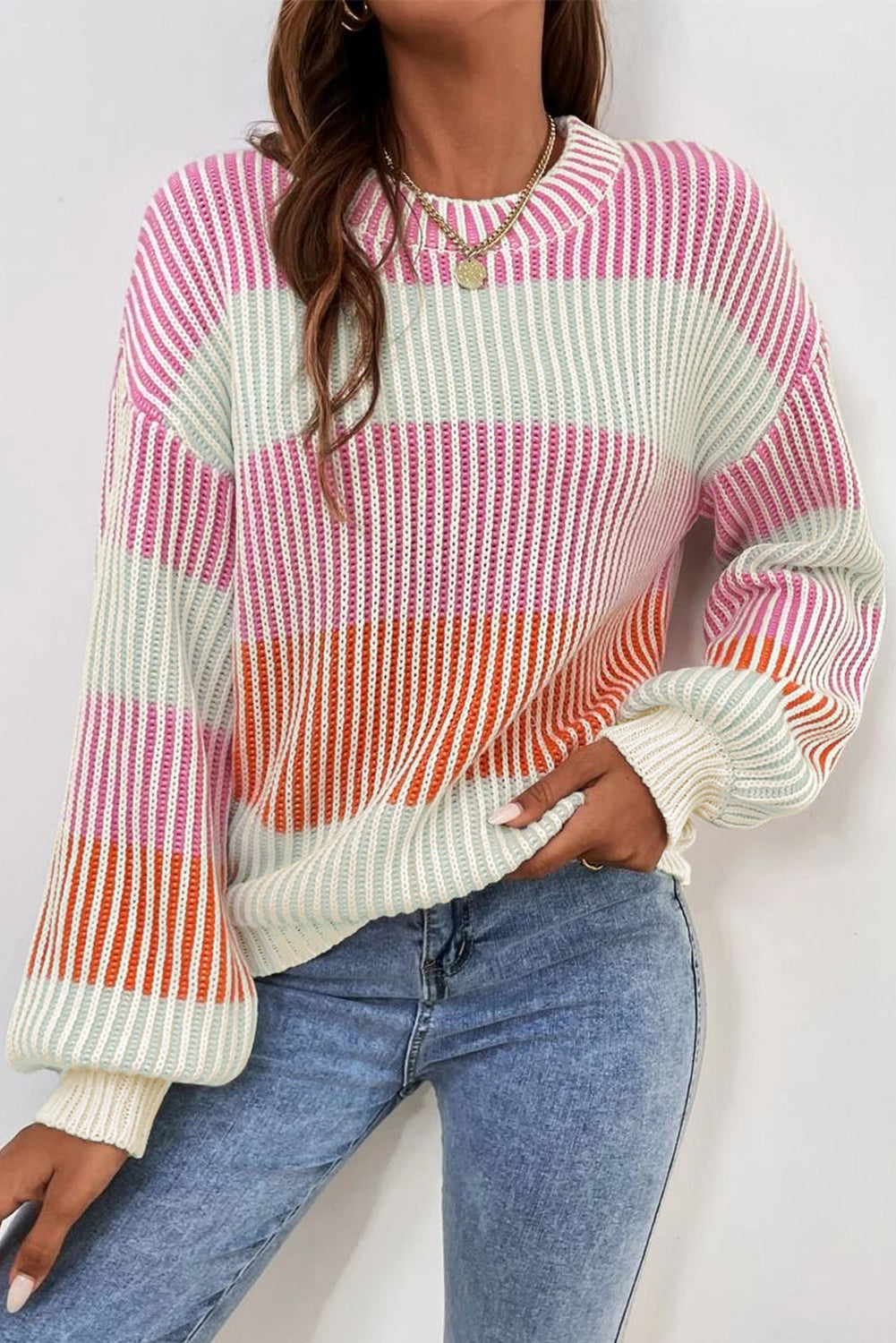 Striped Textured Knit Bubble Sleeve Sweater