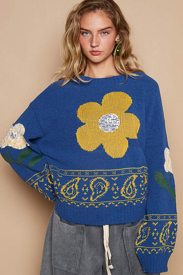 POL Flower Lace Patch Sweater