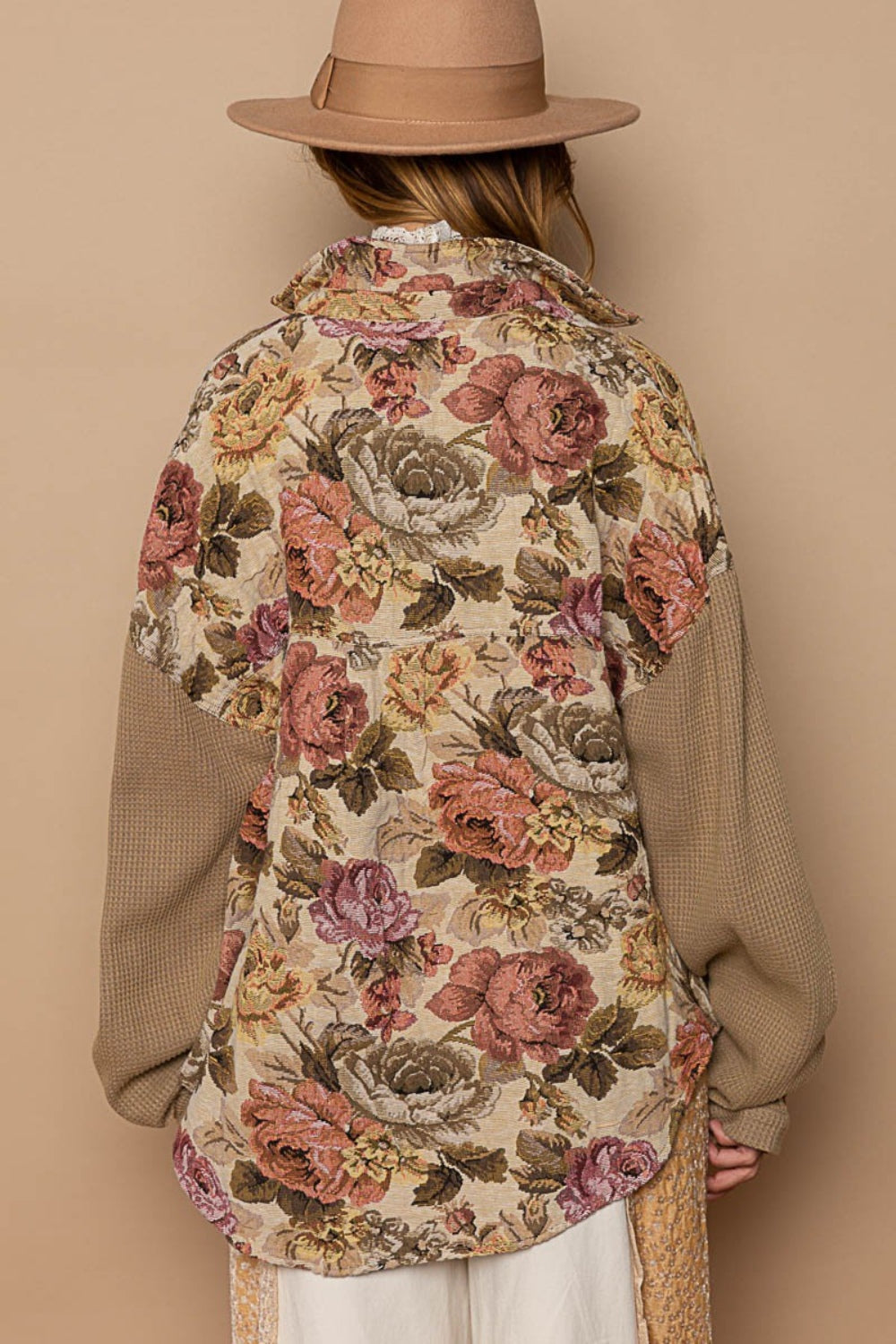 POL Contrast Sleeves Floral Jacquard Shirt