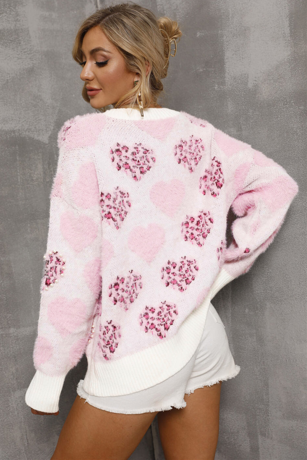 Heart Leopard Print Pearled Fuzzy Sweater