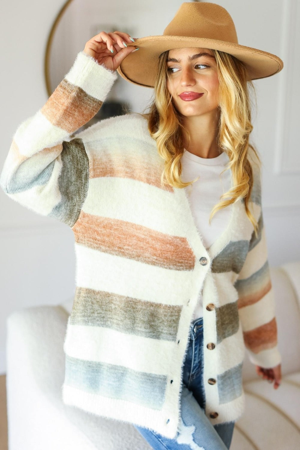 Haptics Striped Fuzzy Cardigan