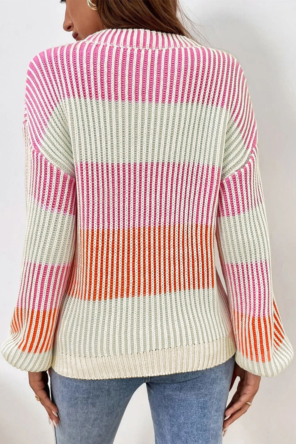 Striped Textured Knit Bubble Sleeve Sweater