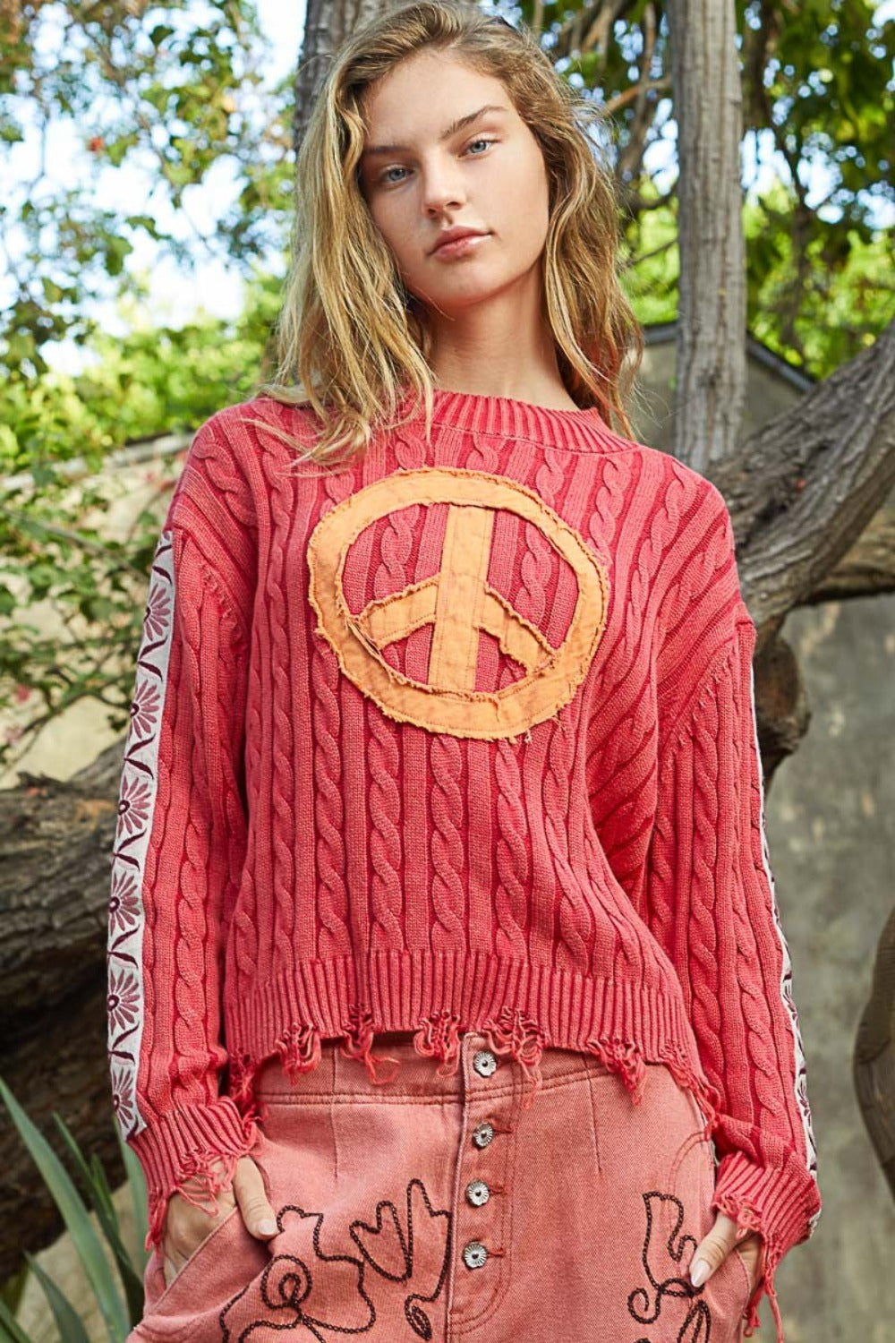 POL Peace Patch Cable Knit Sweater