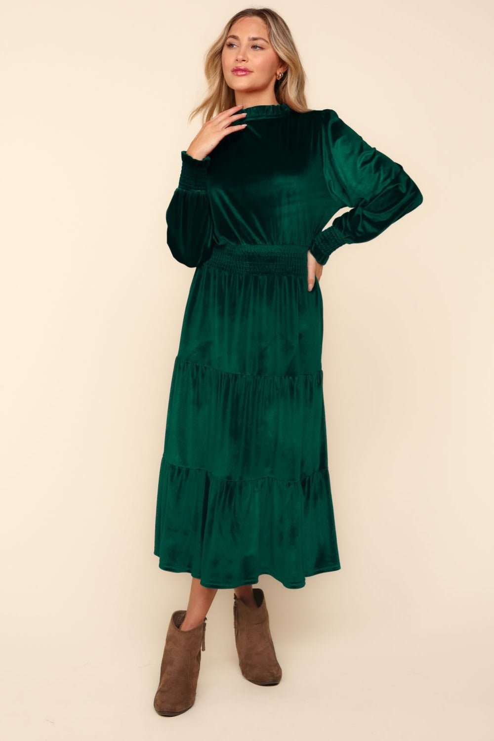 Haptics Mock Neck Velvet Tiered Dress