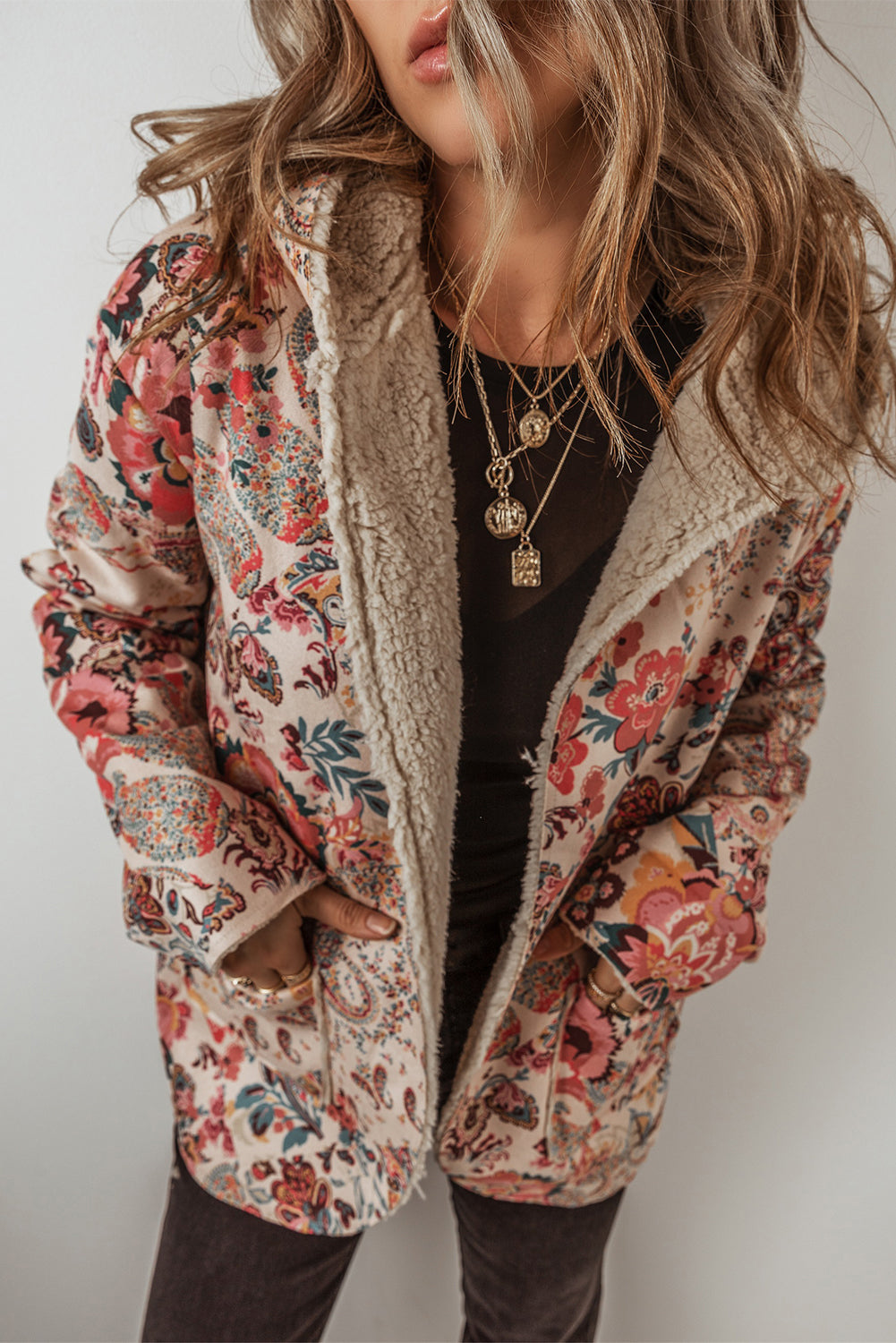 Paisley Floral Printed Sherpa Lined Hooded Jacket