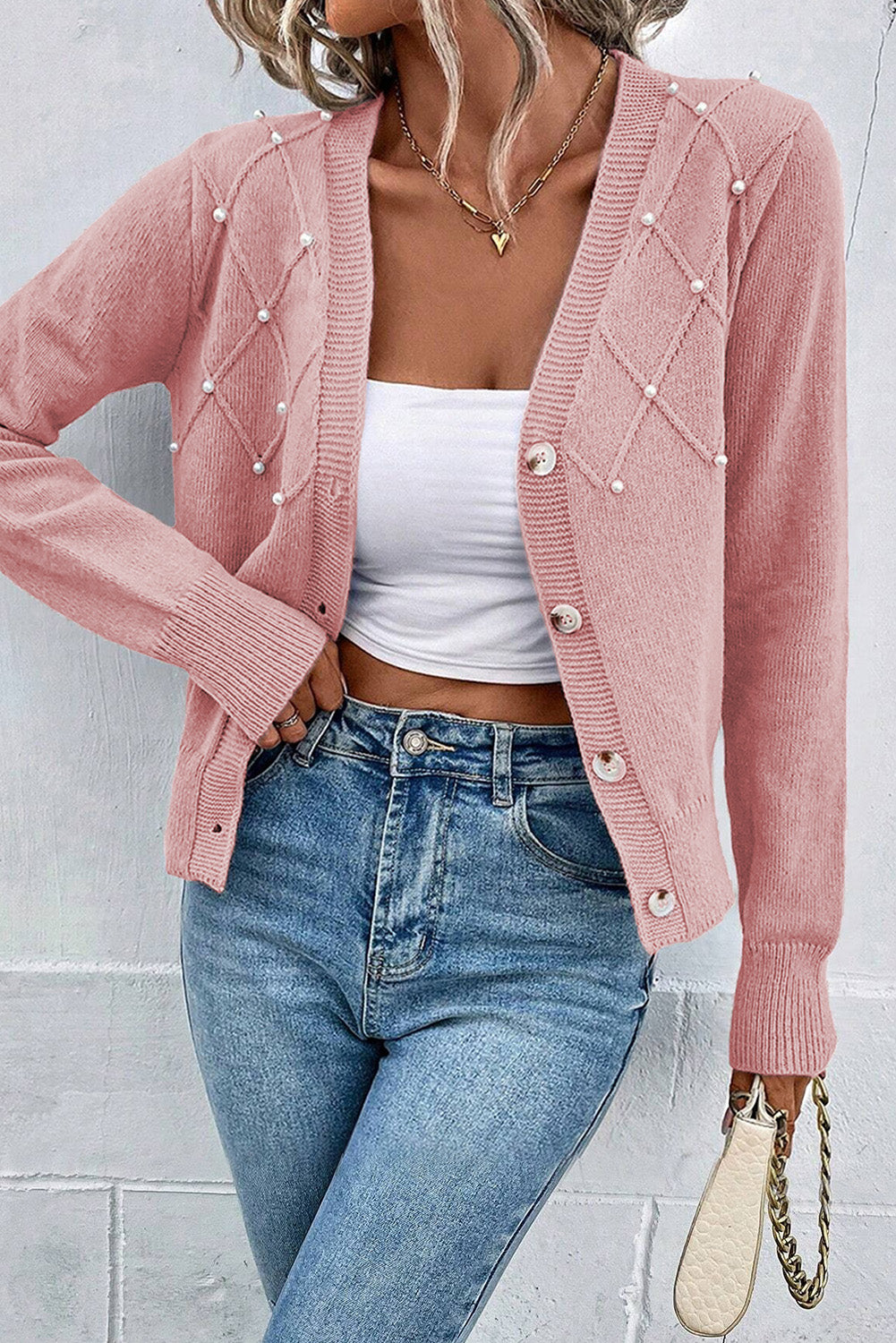 Textured Knit Pearl Beaded Cardigan